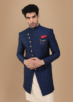 alt message - Manyavar Men Alluring Blue Party Wear Indo Western Set image number 0